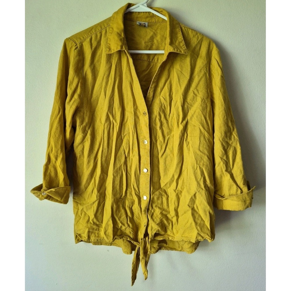 Anne Klein Women's Button Up Tie Front Blouse 3/4 Button Sleeve Mustard‎ Size L